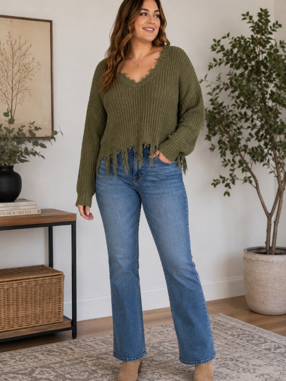 Love J L Oversized Crop Waffle Knit Sweater Olive Drop Shoulder Distressed Boho